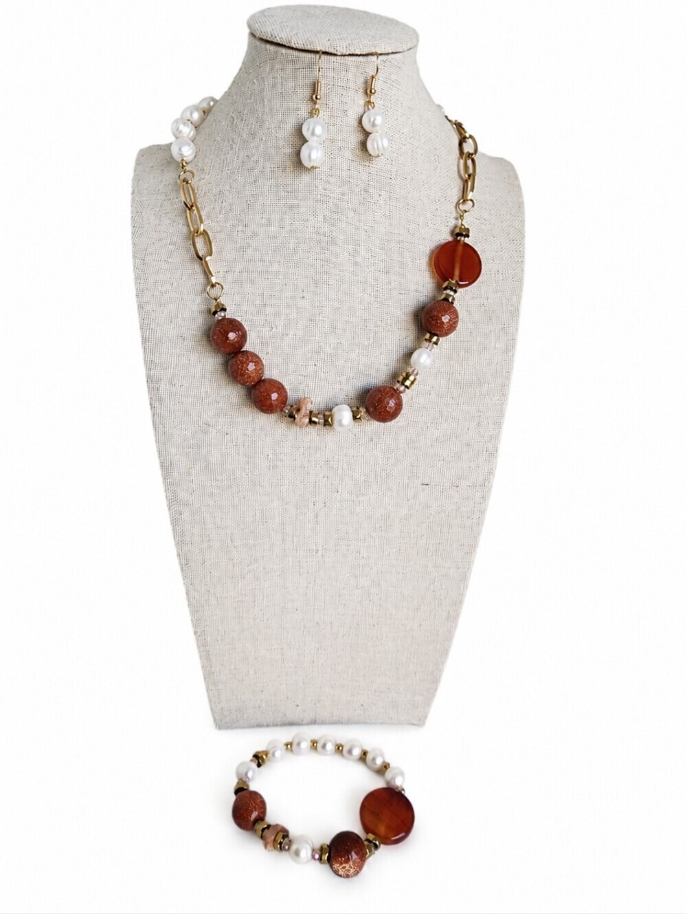 Handcrafted Goldstone River Pearl Necklace Set Stainless Steel 18โ+3โ